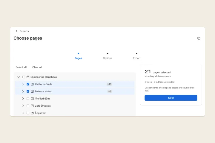 Choose the pages to export