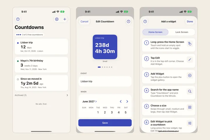 Countdown list editor and widget guide