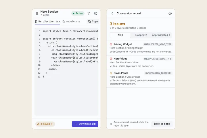 Code preview and conversion report