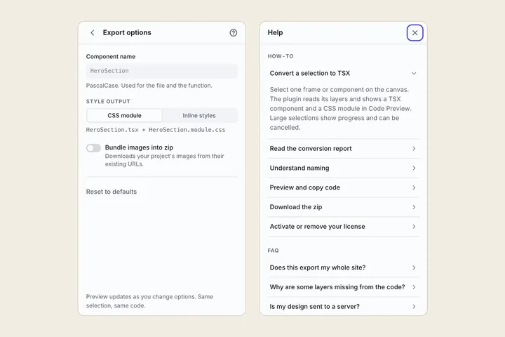 Export options and help